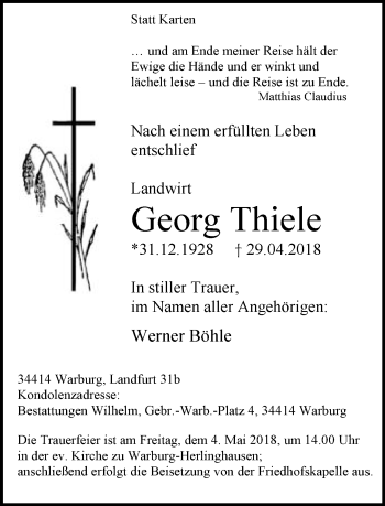 Traueranzeige von Georg Thiele von Neue Westfälische