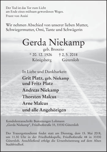 Traueranzeige von Gerda Niekamp von Neue Westfälische