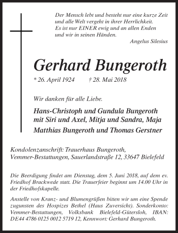 Traueranzeige von Gerhard Bungeroth von Neue Westfälische