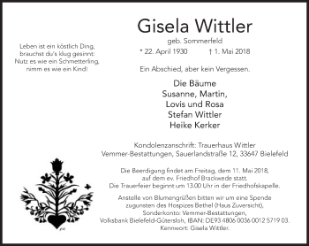 Traueranzeige von Gisela Wittler von Neue Westfälische