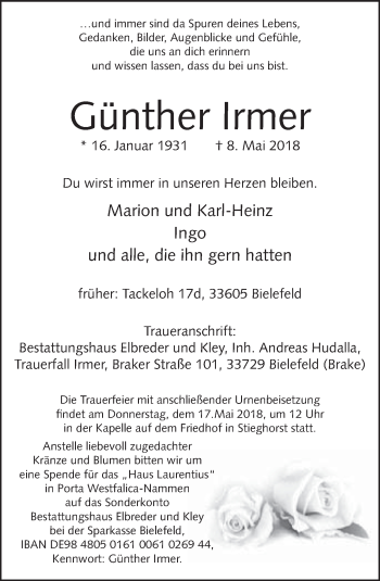 Traueranzeige von Günther Irmer von Neue Westfälische