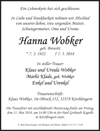 Traueranzeige von Hanna Wobker von Neue Westfälische