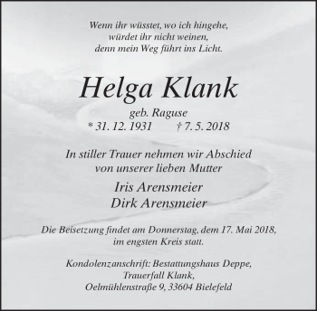 Traueranzeige von Helga Klank von Neue Westfälische