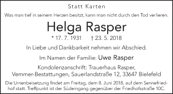 Traueranzeige von Helga Rasper von Neue Westfälische
