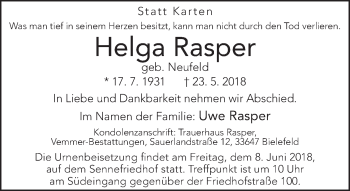 Traueranzeige von Helga Rasper von Neue Westfälische