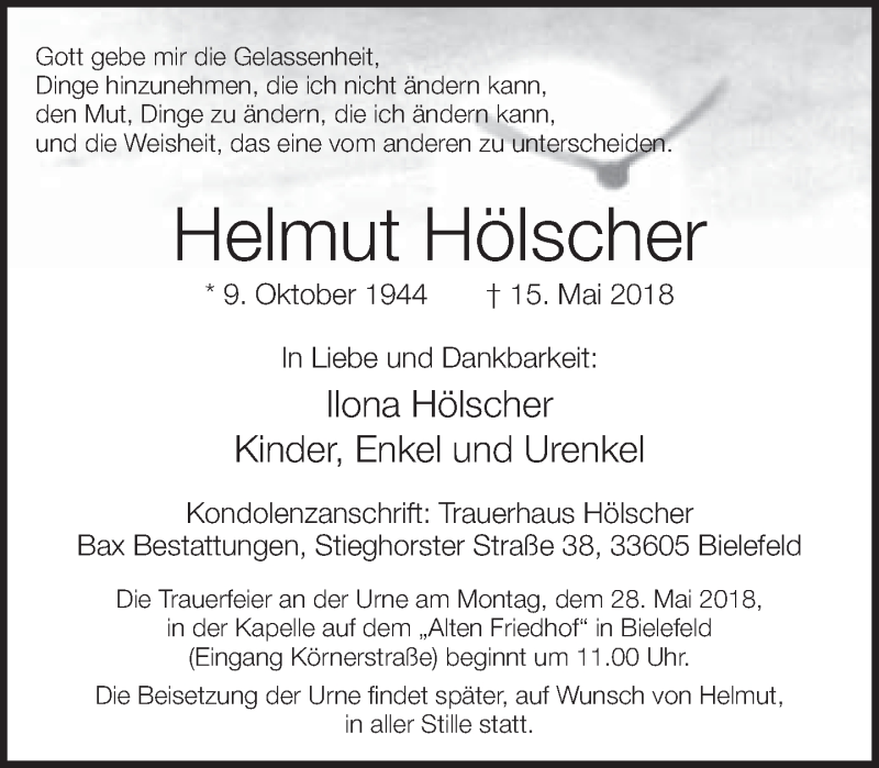  Traueranzeige für Helmut Hölscher vom 19.05.2018 aus Neue Westfälische