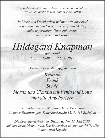 Traueranzeige von Hildegard Knapman von Neue Westfälische