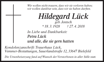 Traueranzeige von Hildegard Lück von Neue Westfälische