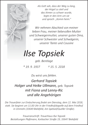 Traueranzeige von Ilse Topsiek von Neue Westfälische