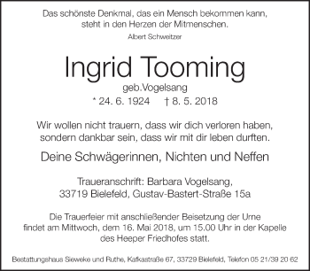 Traueranzeige von Ingrid Tooming