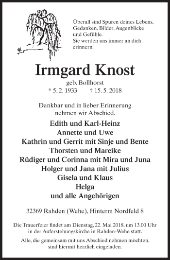 Traueranzeige von Irmgard Knost von Neue Westfälische