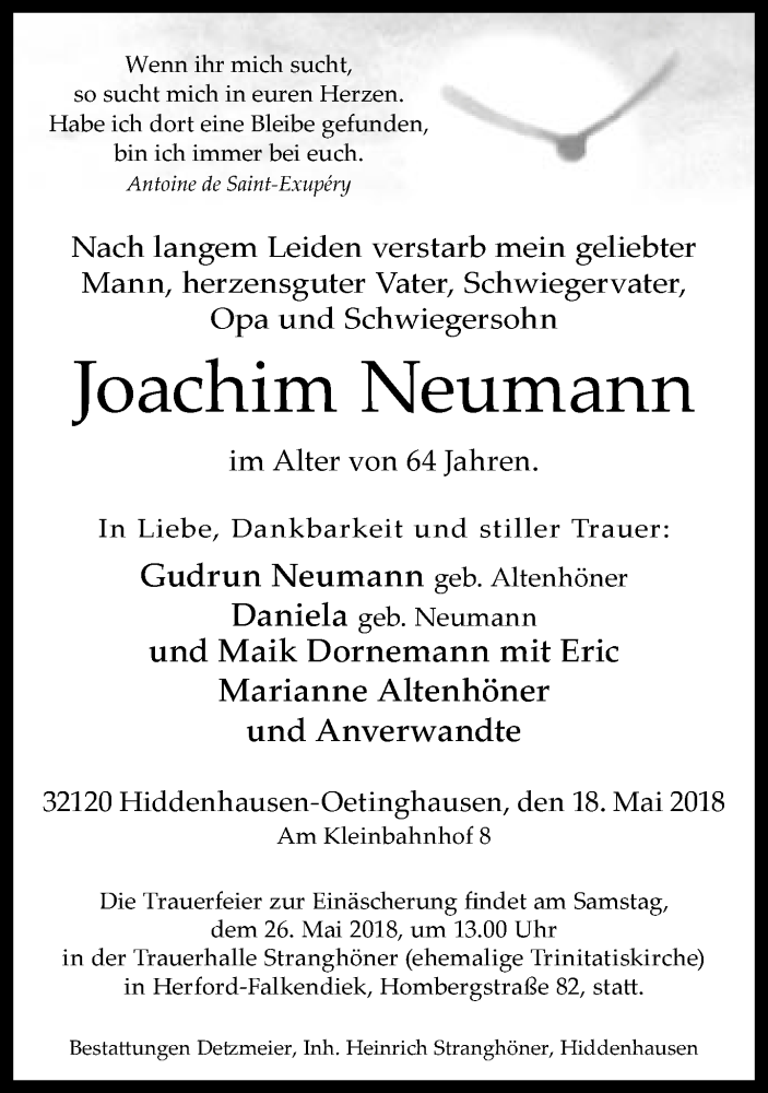  Traueranzeige für Joachim Neumann vom 22.05.2018 aus Neue Westfälische