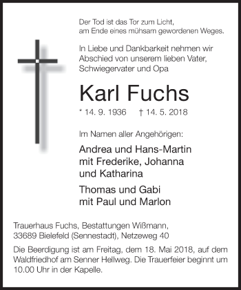 Traueranzeige von Karl Fuchs von Neue Westfälische