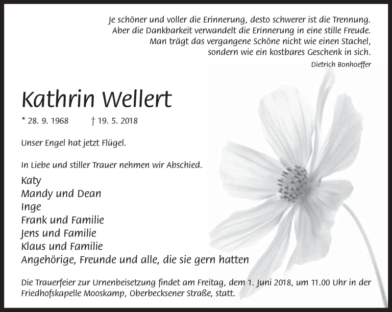  Traueranzeige für Kathrin Wellert vom 26.05.2018 aus Neue Westfälische