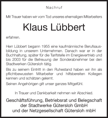 Traueranzeige von Klaus Lübbert von Neue Westfälische