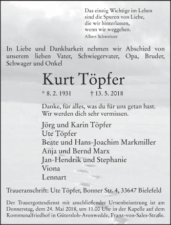 Traueranzeige von Kurt Töpfer von Neue Westfälische