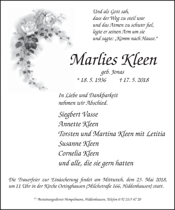 Traueranzeige von Marlies Kleen von Neue Westfälische