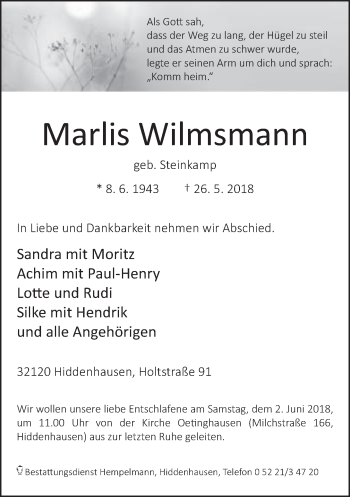 Traueranzeige von Marlis Wilmsmann von Neue Westfälische