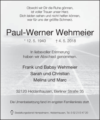 Traueranzeige von Paul-Werner Wehmeier von Neue Westfälische