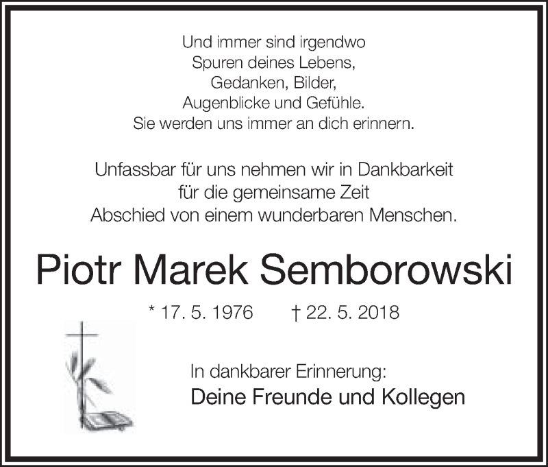  Traueranzeige für Piotr Marek Semborowski vom 25.05.2018 aus Neue Westfälische