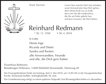 Traueranzeige von Reinhard Redmann von Neue Westfälische