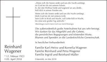 Traueranzeige von Reinhard Wagener von Neue Westfälische