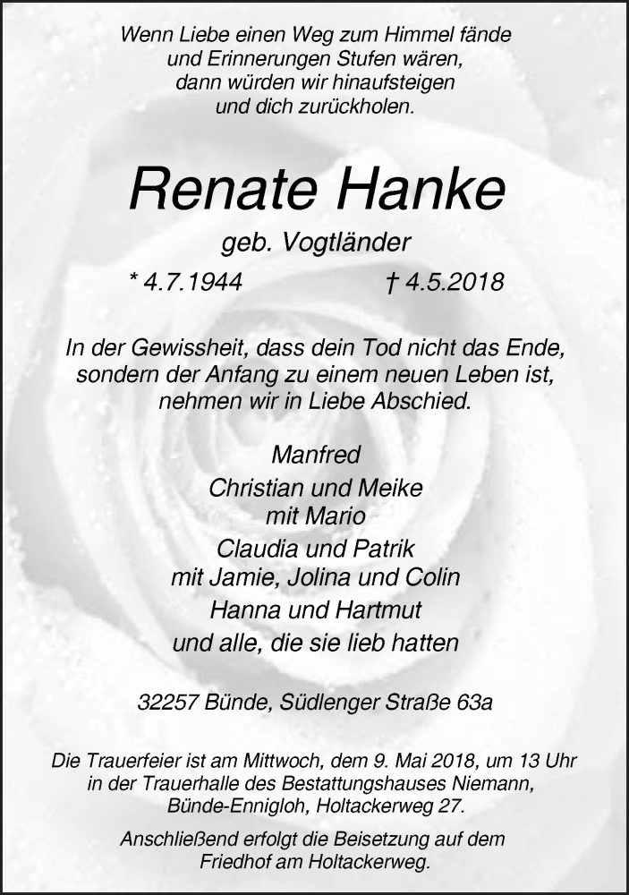  Traueranzeige für Renate Hanke vom 07.05.2018 aus Neue Westfälische