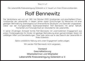 Traueranzeige von Rolf Bennewitz von Neue Westfälische
