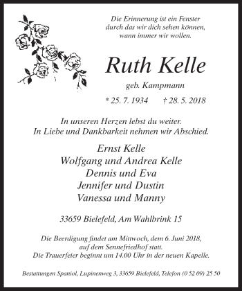 Traueranzeige von Ruth Kelle von Neue Westfälische