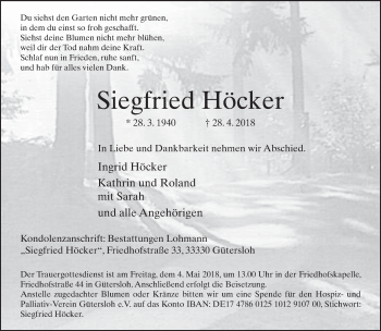 Traueranzeige von Siegfried Höcker von Neue Westfälische