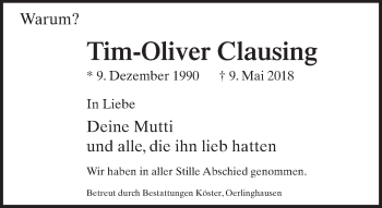 Traueranzeige von Tim-Oliver Clausing von Neue Westfälische