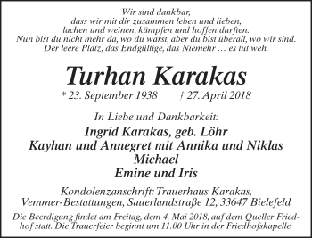 Traueranzeige von Turhan Karakas von Neue Westfälische