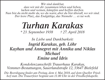 Traueranzeige von Turhan Karakas von Neue Westfälische