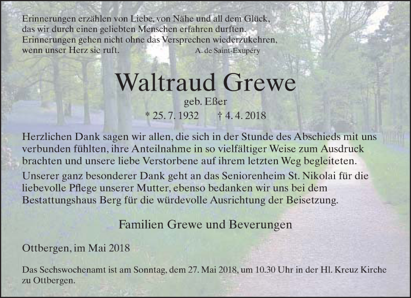  Traueranzeige für Waltraud Grewe vom 12.05.2018 aus Neue Westfälische