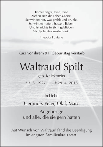 Traueranzeige von Waltraud Spilt von Neue Westfälische