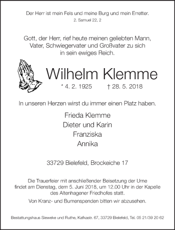 Traueranzeige von Wilhelm Klemme