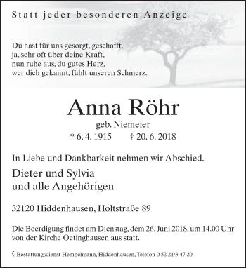 Traueranzeige von Anna Röhr von Neue Westfälische