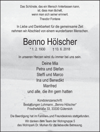 Traueranzeige von Benno Hölscher von Neue Westfälische