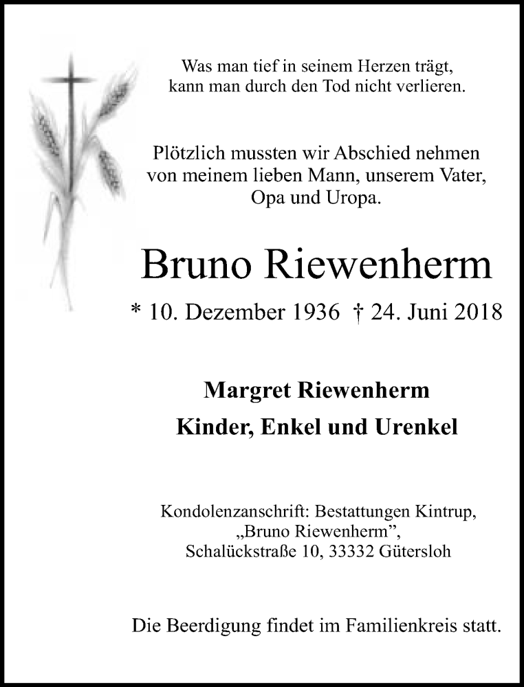  Traueranzeige für Bruno Riewenherm vom 27.06.2018 aus Neue Westfälische