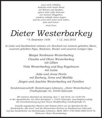 Traueranzeige von Dieter Westerbarkey von Neue Westfälische