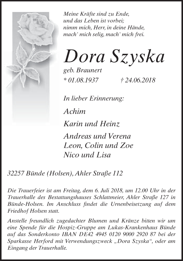  Traueranzeige für Dora Szyska vom 27.06.2018 aus Neue Westfälische