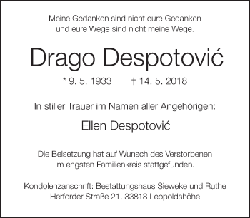 Traueranzeige von Drago Despotovic von Neue Westfälische