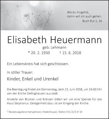 Traueranzeige von Elisabeth Heuermann von Neue Westfälische