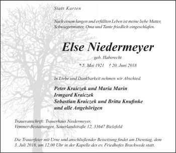 Traueranzeige von Else Niedermeyer von Neue Westfälische