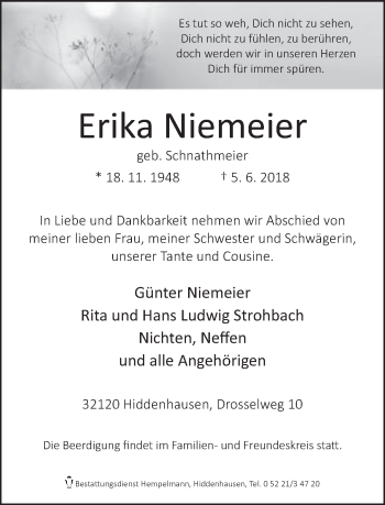 Traueranzeige von Erika Niemeier von Neue Westfälische