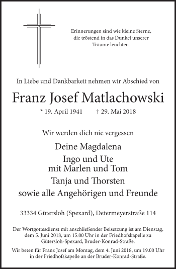 Traueranzeige von Franz Josef Matlachowski von Neue Westfälische