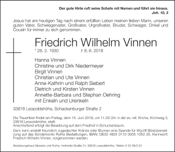 Traueranzeige von Friedrich Wilhelm Vinnen