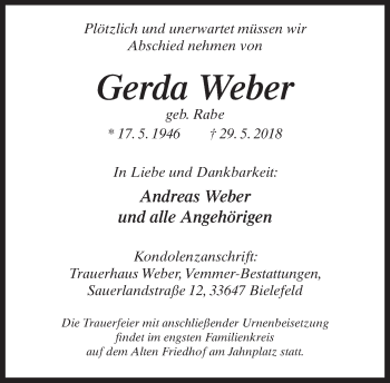 Traueranzeige von Gerda Weber von Neue Westfälische