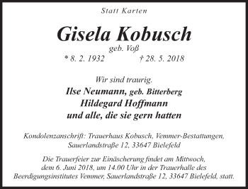 Traueranzeige von Gisela Kobusch von Neue Westfälische