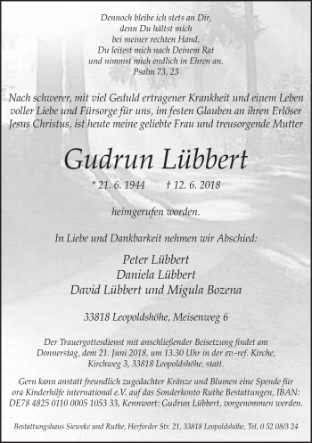 Traueranzeige von Gudrun Lübbert